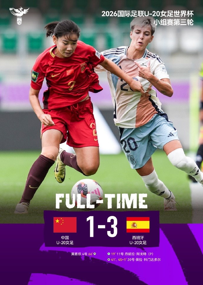 U20女足世界杯小组赛第三轮，中国U20女足1比3西班牙U20女足